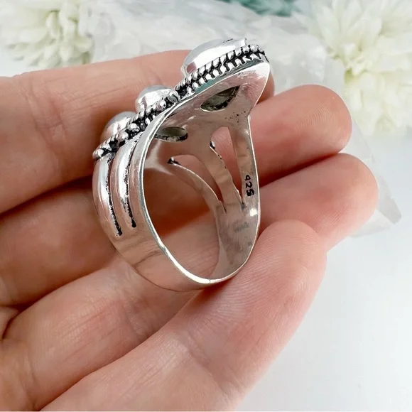 Chunky Triple Rainbow Moonstone Ring Size 10 Sterling Silver 925 Handmade New - Picture 4 of 6